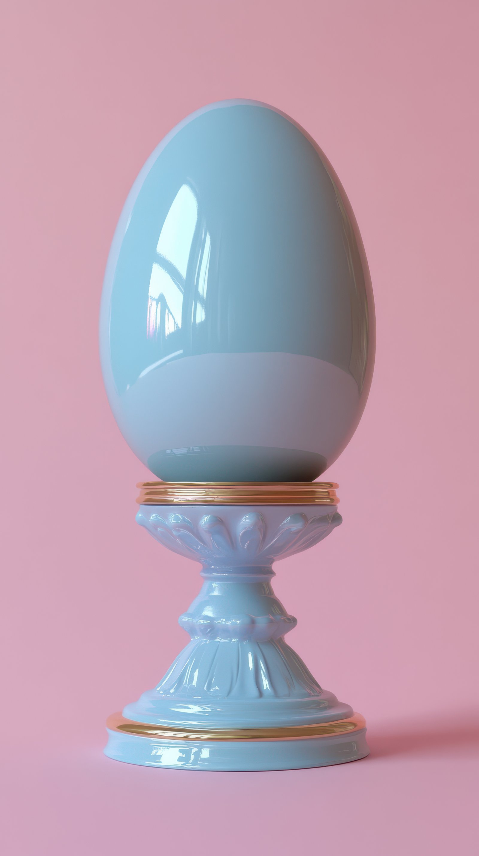 Elegant blue egg on decorative pedestal against soft pink background showcasing modern artistic design
